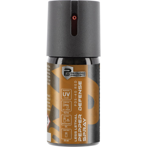 Bombe lacrymogène Prepared 2 Protect PDS-40 Red gaz OC poivre marqueur UV jet conique 26 ml