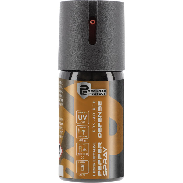 Bombe lacrymogène Prepared 2 Protect PDS-40 Red gaz OC poivre marqueur UV jet conique 26 ml